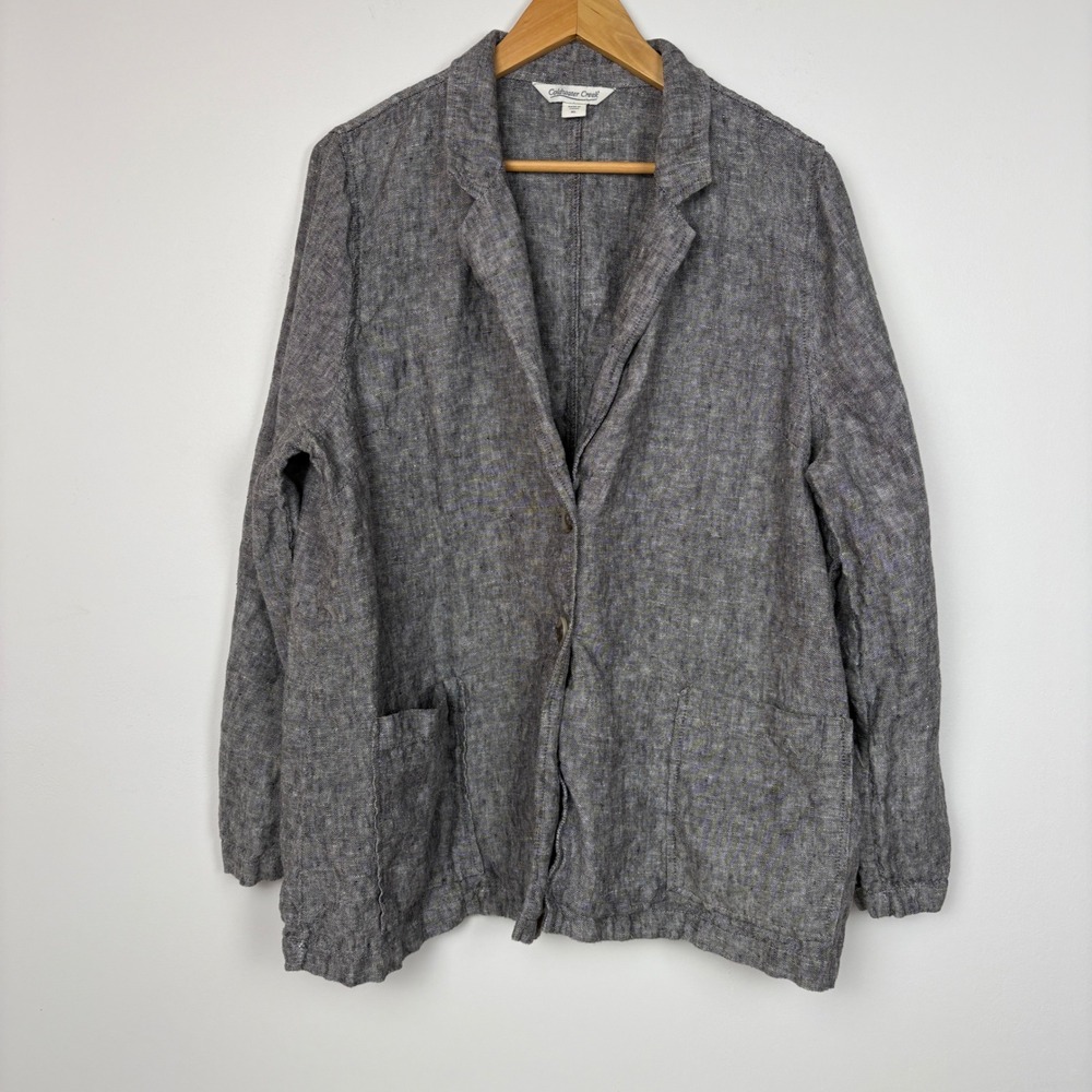 Coldwater Creek Womens Blazer XL Grey 100% Linen Two Button Patch Pocket Jacket